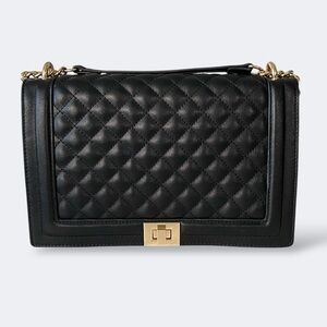 INC Black Quilted Flap Crossbody Shoulder Bag Gold Turn-Lock Chain Hardware